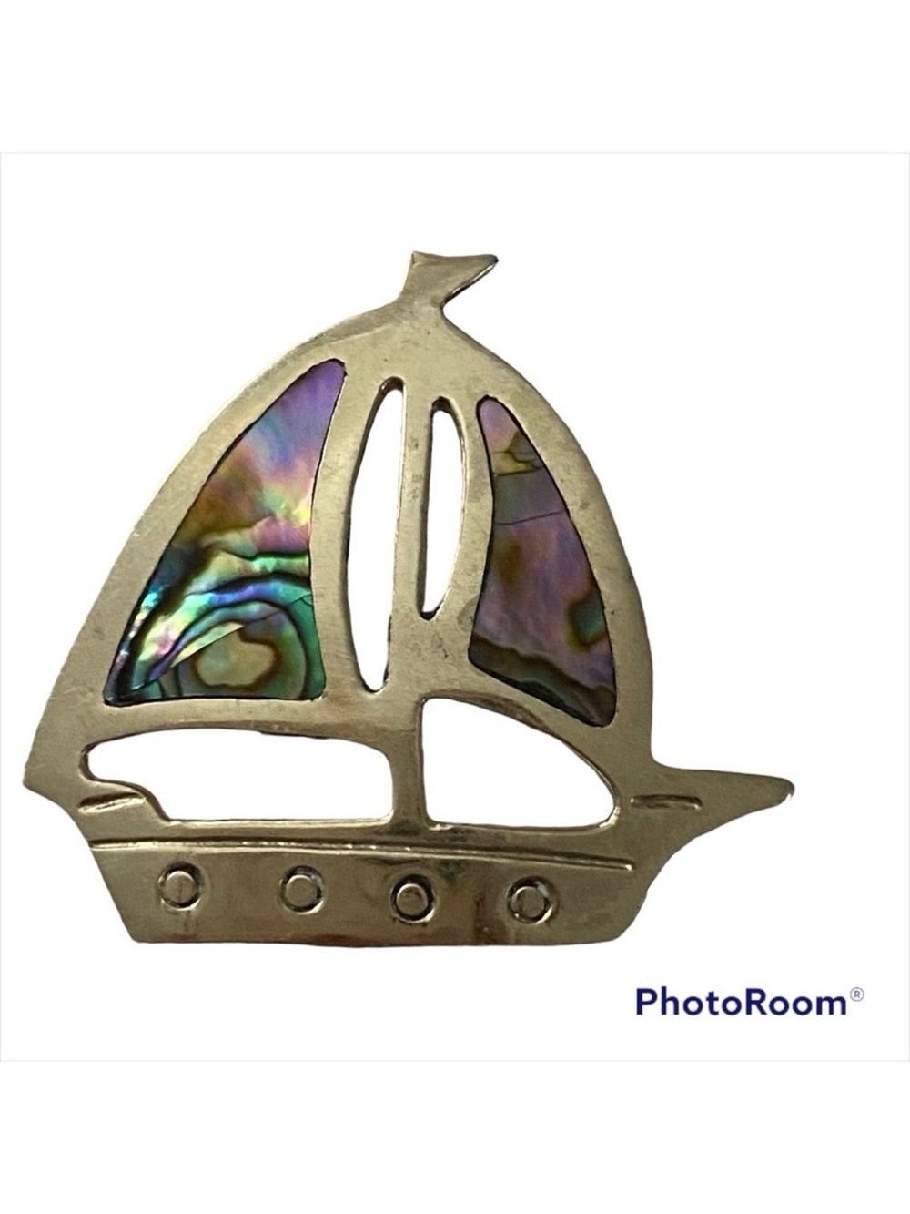 VINTAGE MEXICO ALPACA STERLING SILVER BROOCH PIN SAILBOAT ABALONE SHELL 6.1 g
